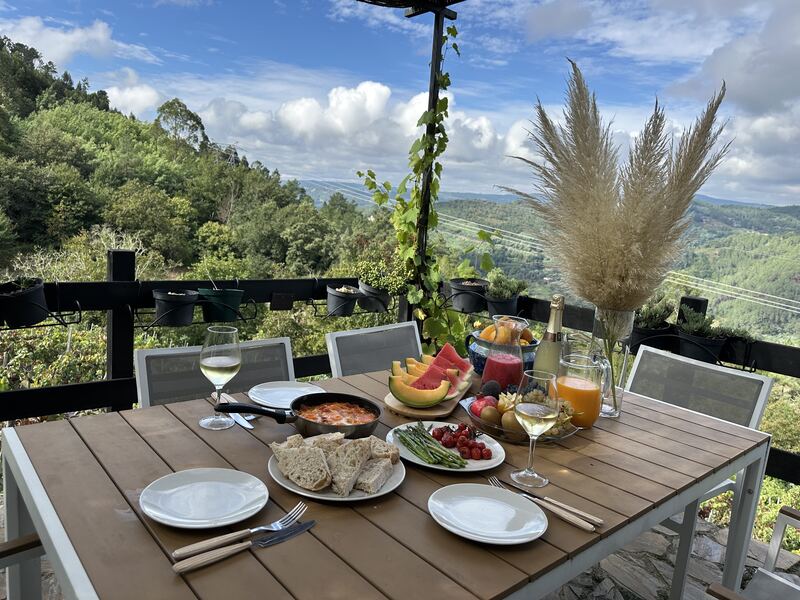 Breakfast served outdoors on the terrace overlooking the vineyards, Ribeira Sacra