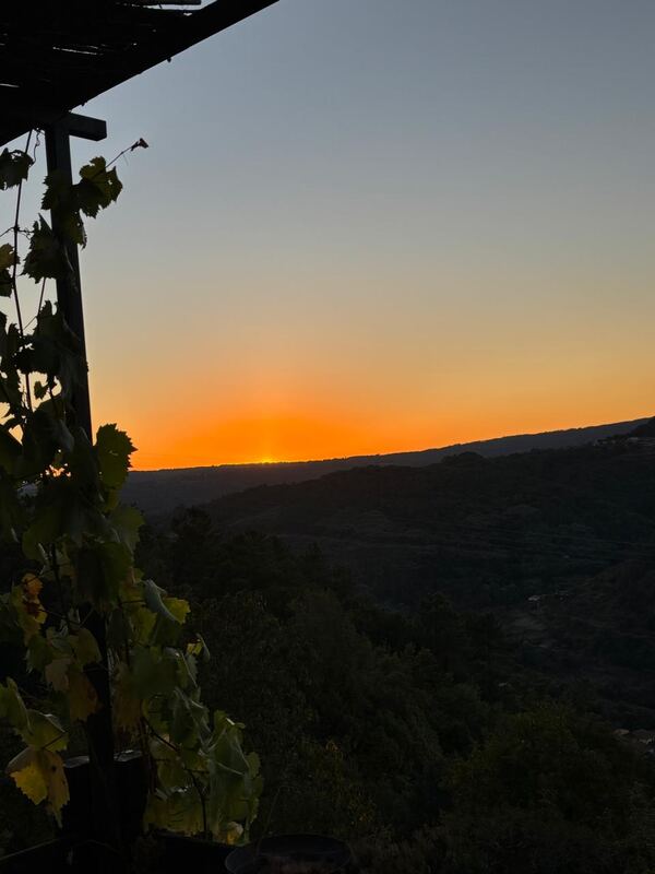 Sunset over the hills seen from the vine-shaded terrace, Casa da Viña, Ribeira Sacra